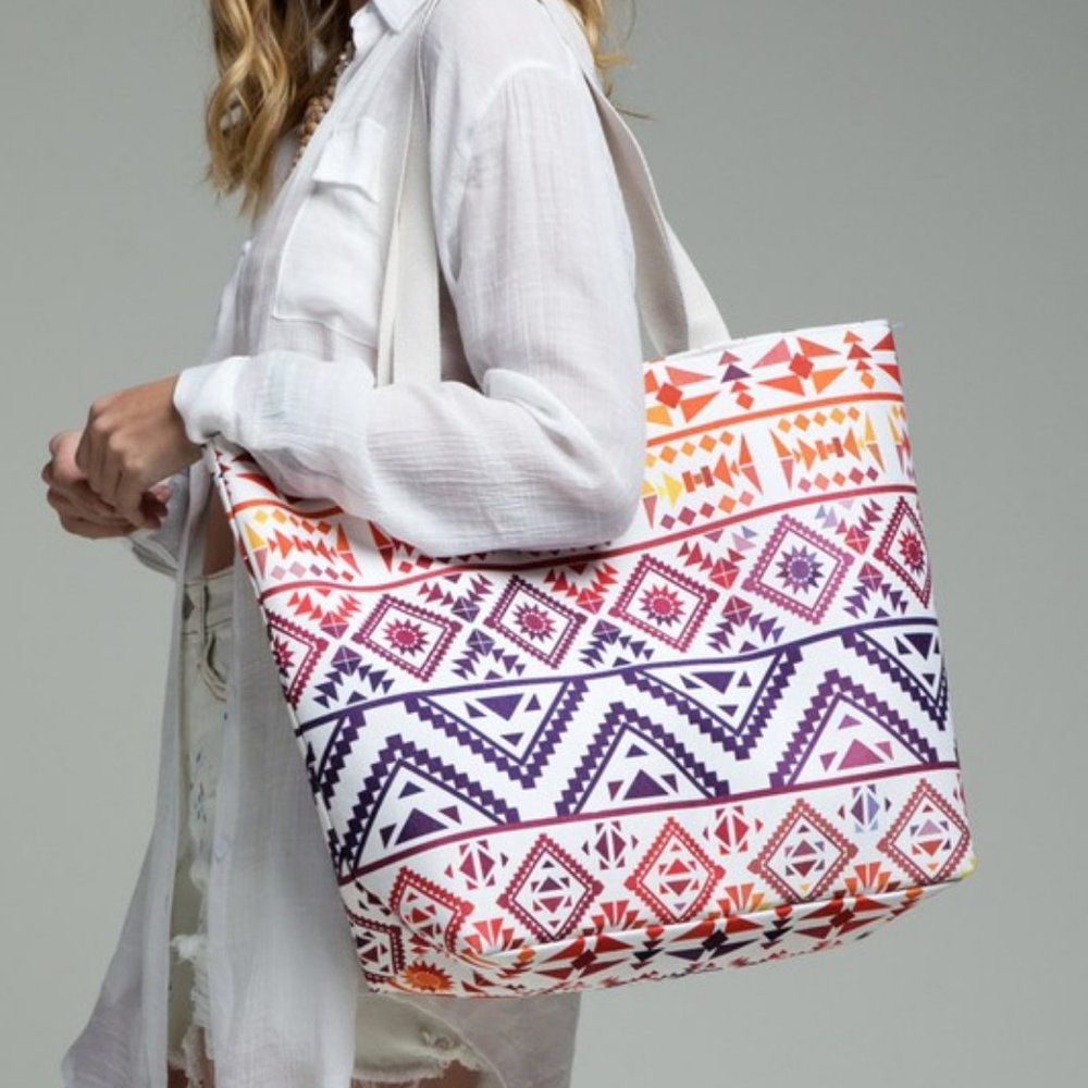 VIBRANT ETHNIC  PRINT TOTE WITH SHOULDER STRAPS